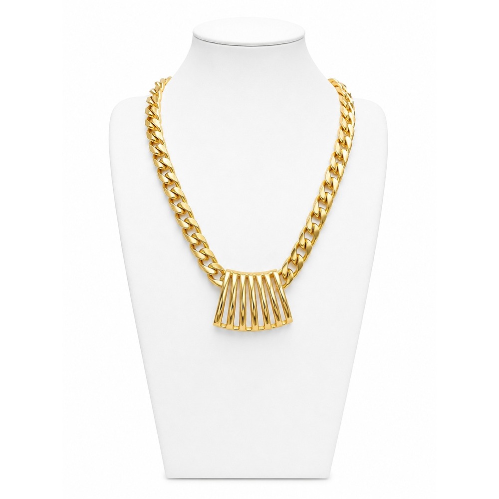 Vintage‎ Signed Monet Gold Tone Chunky Curb Chain Fan Pendant Statement Necklace